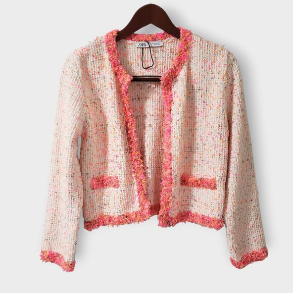 NWOT Zara Tweed Boucle Confetti Cardigan Blazer Jacket Pink Sz Small Preppy - Picture 1 of 13